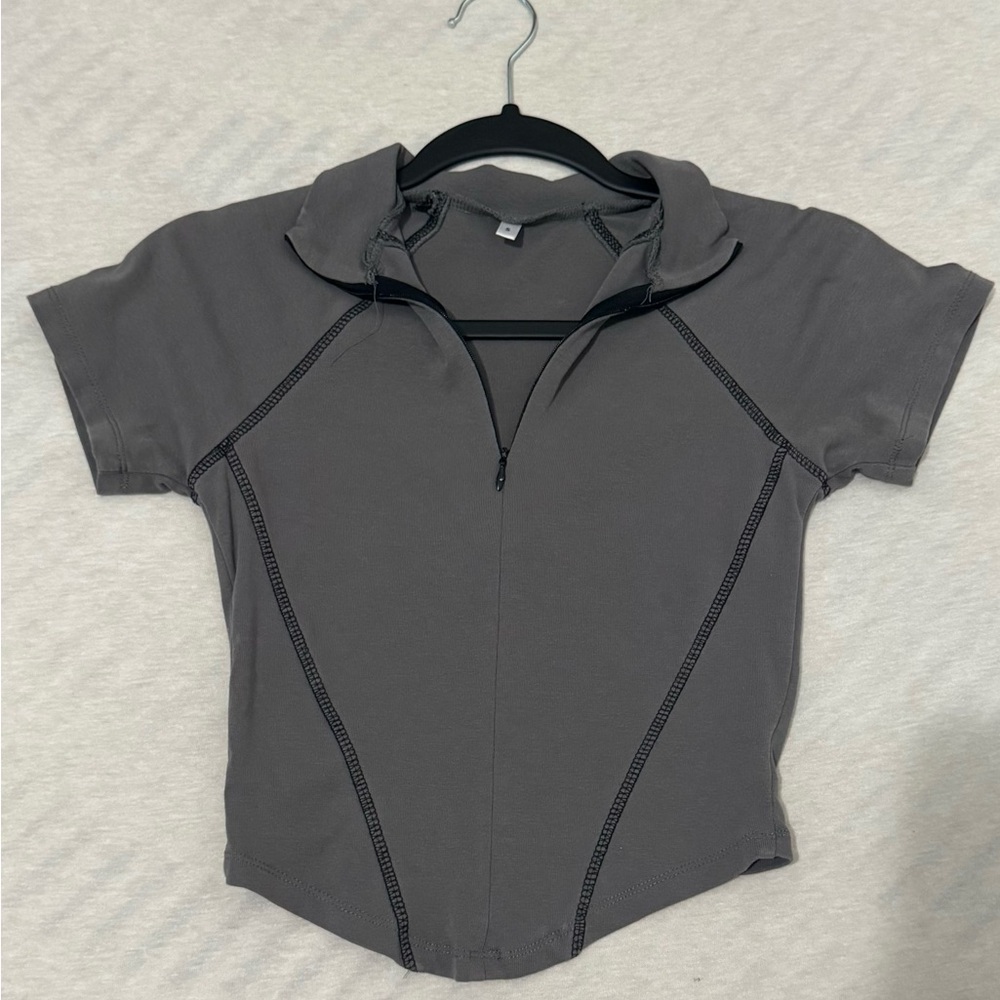 Gray Short Sleeve Zip-Up Top